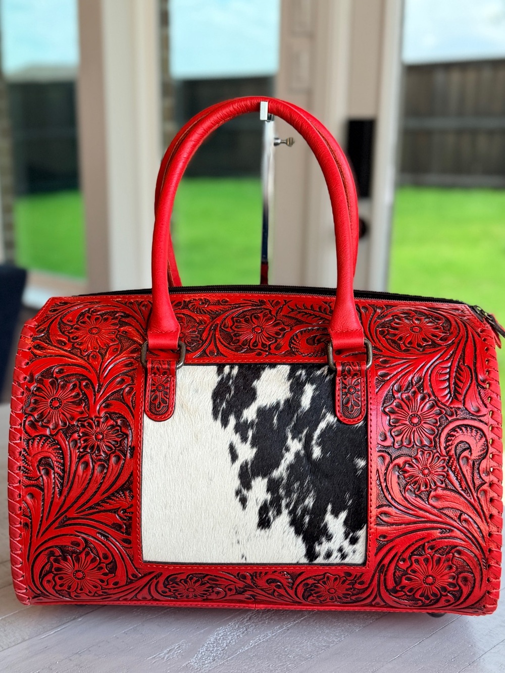Genuine Leather Cowhide Western Speedy Purse Tooled Floral Red Satchel Bag Large